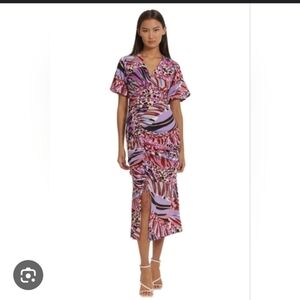 donna morgan ruched dress puff sleeve v neck purple pattern Vibrant Multicolor